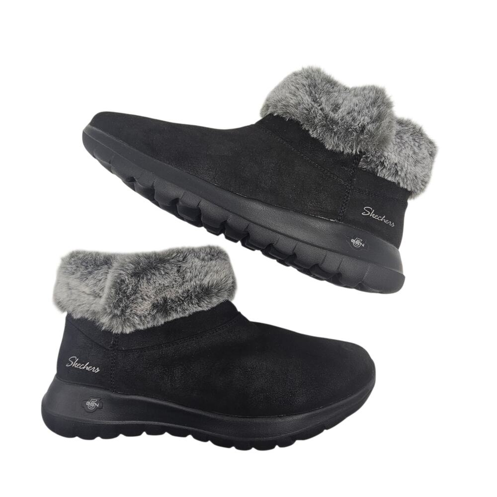 Skechers On-The-Go Joy Savvy Boots Black/Gray Faux Fur Textile Women's Size 9